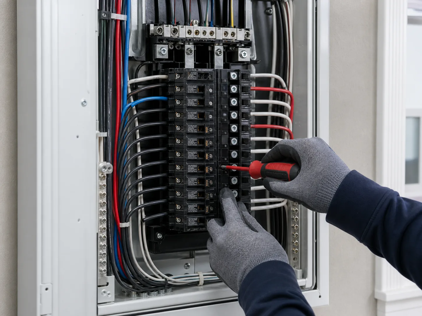 Electrician working inside an organized electrical panel