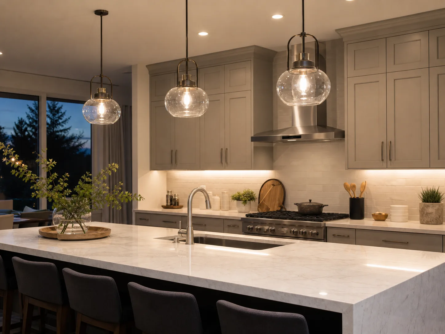 Layered lighting and control-ready electrical installation in a kitchen